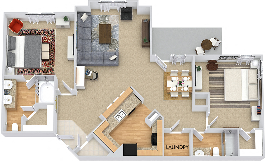 Floor plan for 2 beds, 2 baths, 1192 sqft